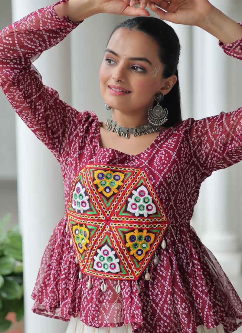 Gota Patti Work Beige Lehenga With Bandhani Printed Maroon Kediya