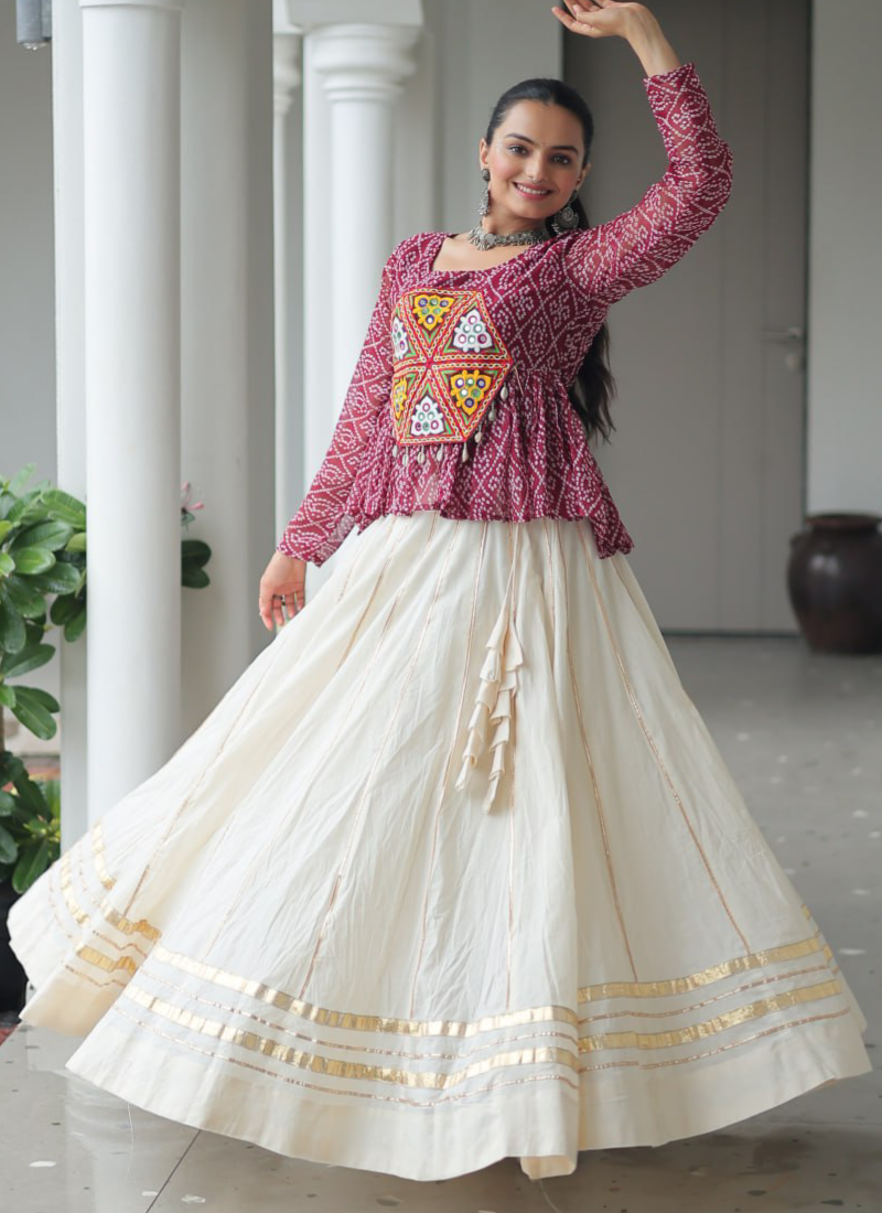 Gota Patti Work Beige Lehenga With Bandhani Printed Maroon Kediya