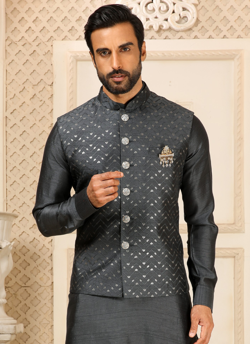 Grey Embroidered Work Silk Indian Mens Wear Koti Kurta Set