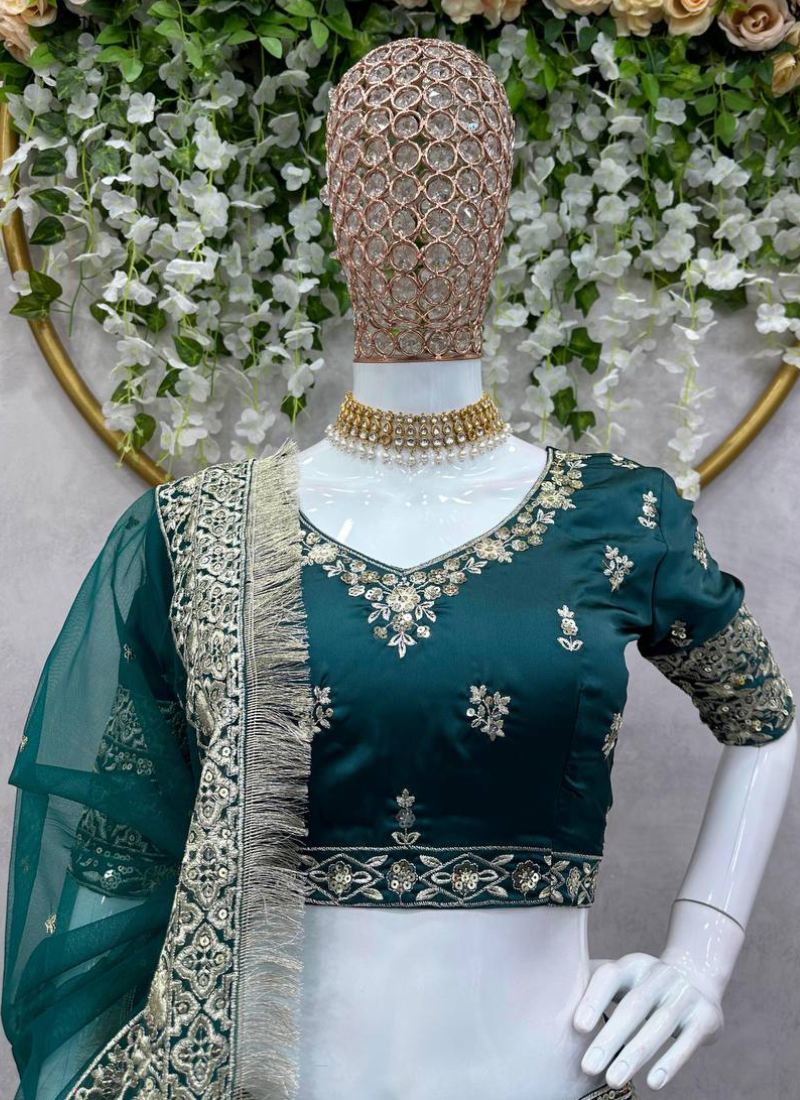 Heavy Embroidered Work Japan Satin Green Bridal Lehenga Choli