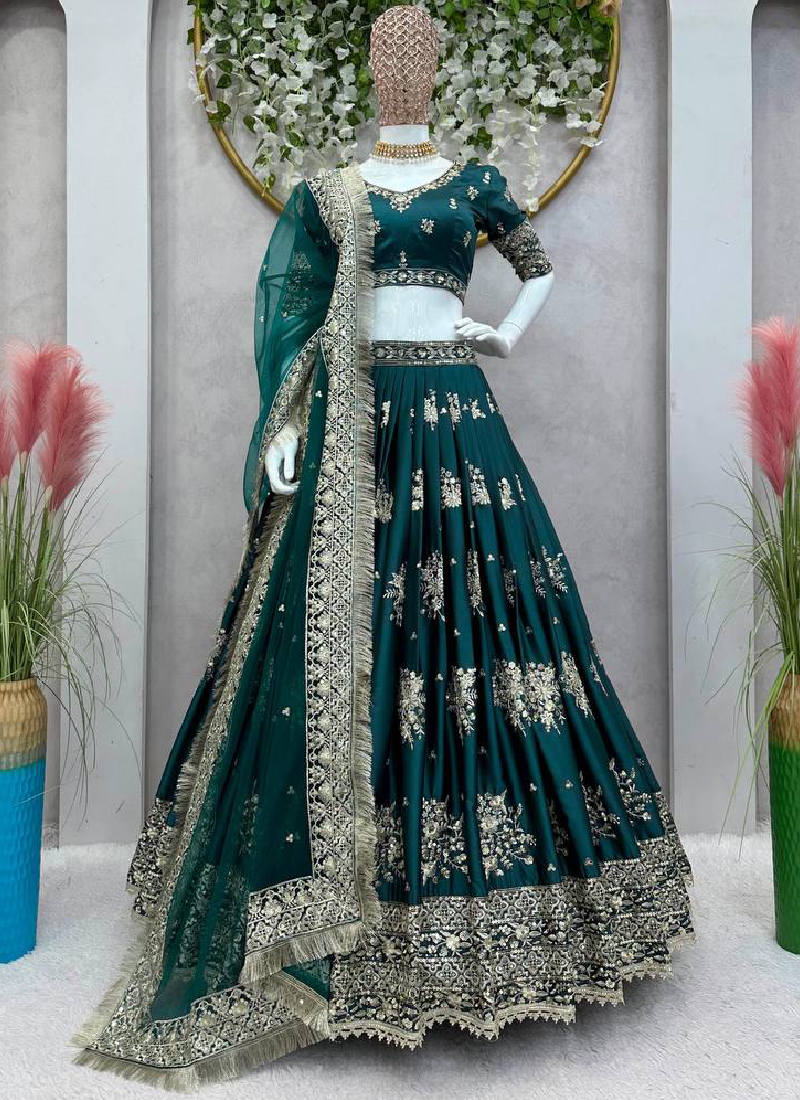 Heavy Embroidered Work Japan Satin Green Bridal Lehenga Choli
