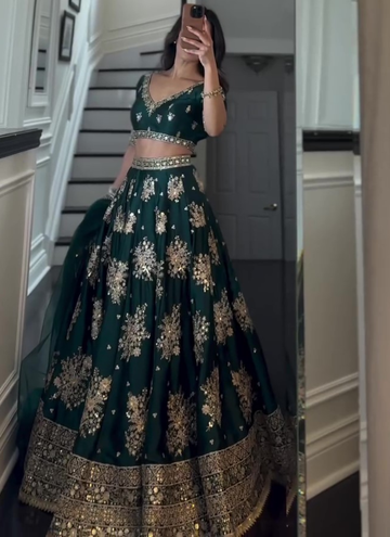 Heavy Embroidered Work Japan Satin Green Bridal Lehenga Choli