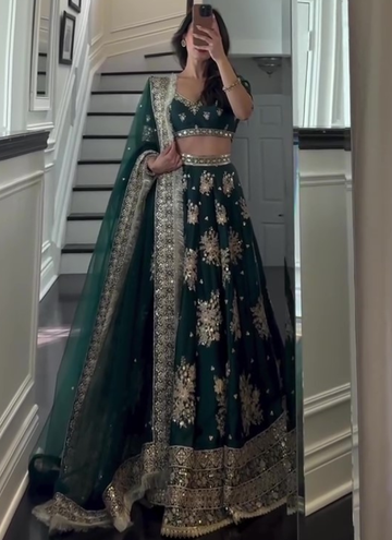 Heavy Embroidered Work Japan Satin Green Bridal Lehenga Choli