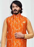 Latest Cream Woven Art Silk Kurta With Orange Brocade Jacket
