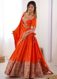 Latest Silk Sequence Embroidery Work Orange Lehenga Choli With Dupatta