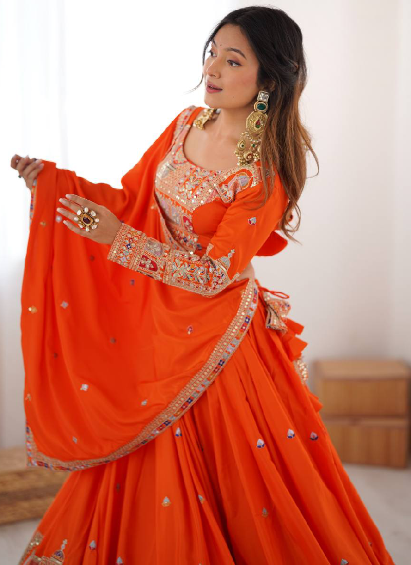 Latest Silk Sequence Embroidery Work Orange Lehenga Choli With Dupatta
