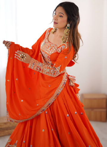 Latest Silk Sequence Embroidery Work Orange Lehenga Choli With Dupatta