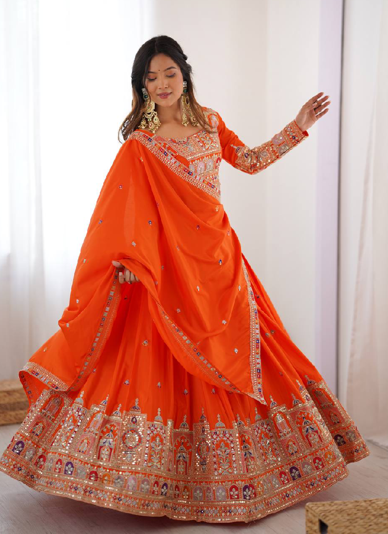 Latest Silk Sequence Embroidery Work Orange Lehenga Choli With Dupatta