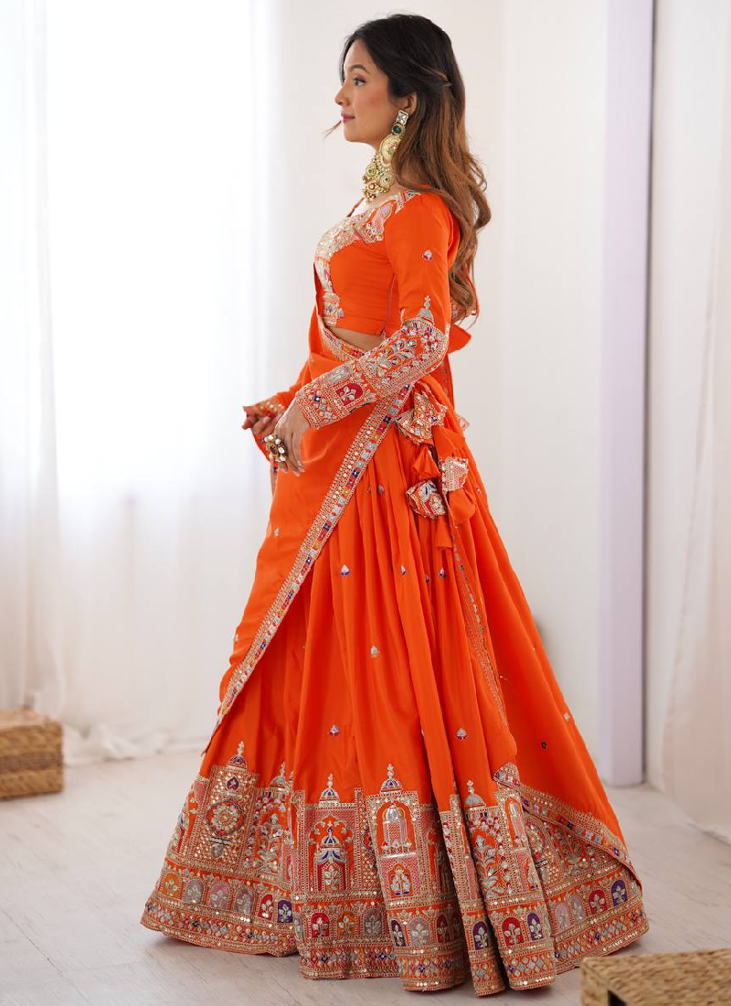 Latest Silk Sequence Embroidery Work Orange Lehenga Choli With Dupatta