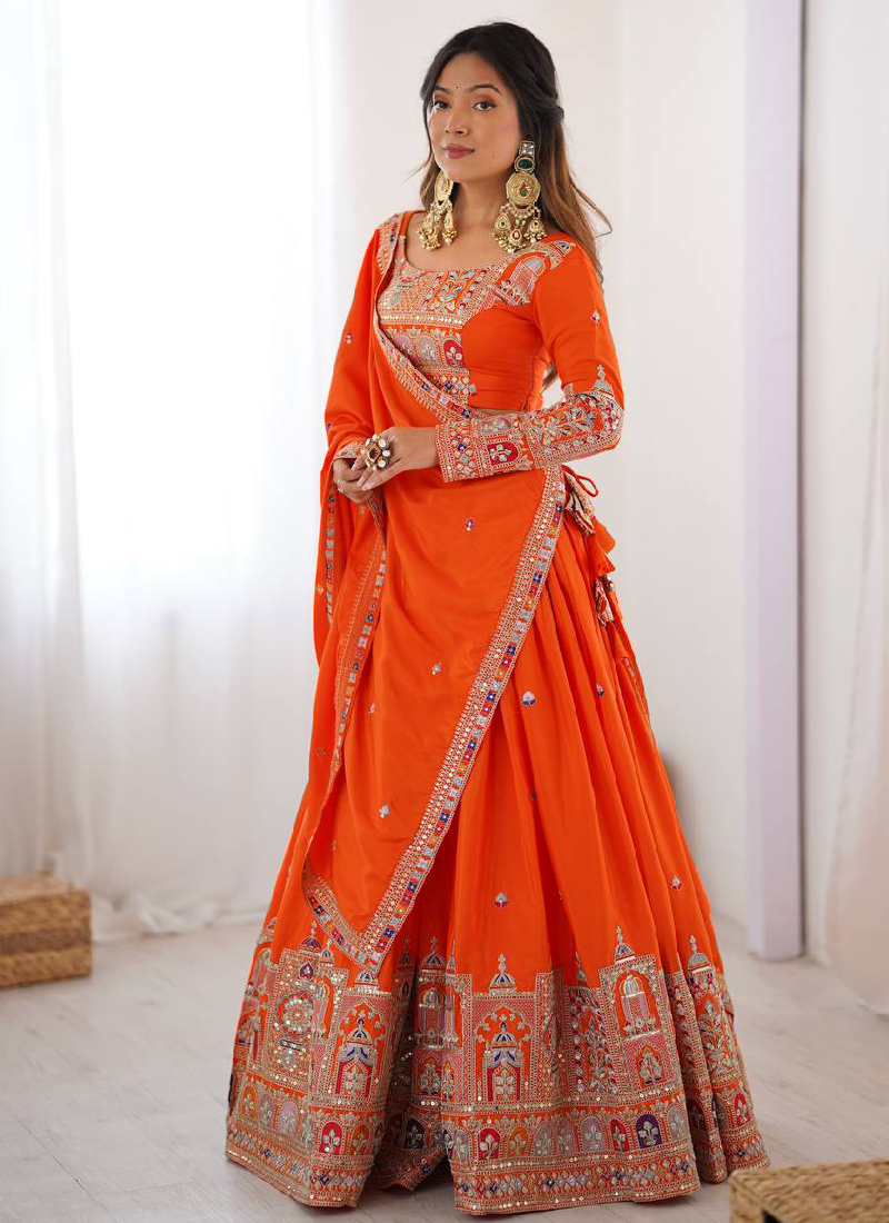 Latest Silk Sequence Embroidery Work Orange Lehenga Choli With Dupatta