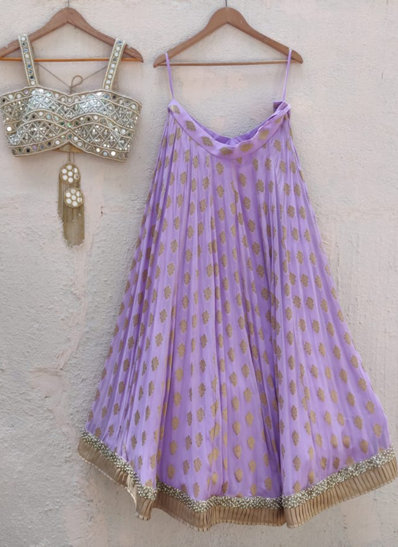 Lavender Georgette Banarasi Lehenga With Real Mirror Choli