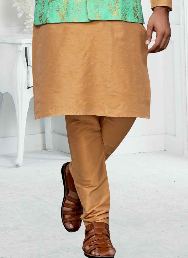 Light Green Jacket With Cream Woven Art Silk Kurta Set