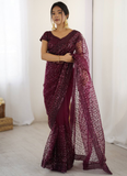 Mesmerizing Sequence Work Net Reception Wear Wine Saree With Blouse