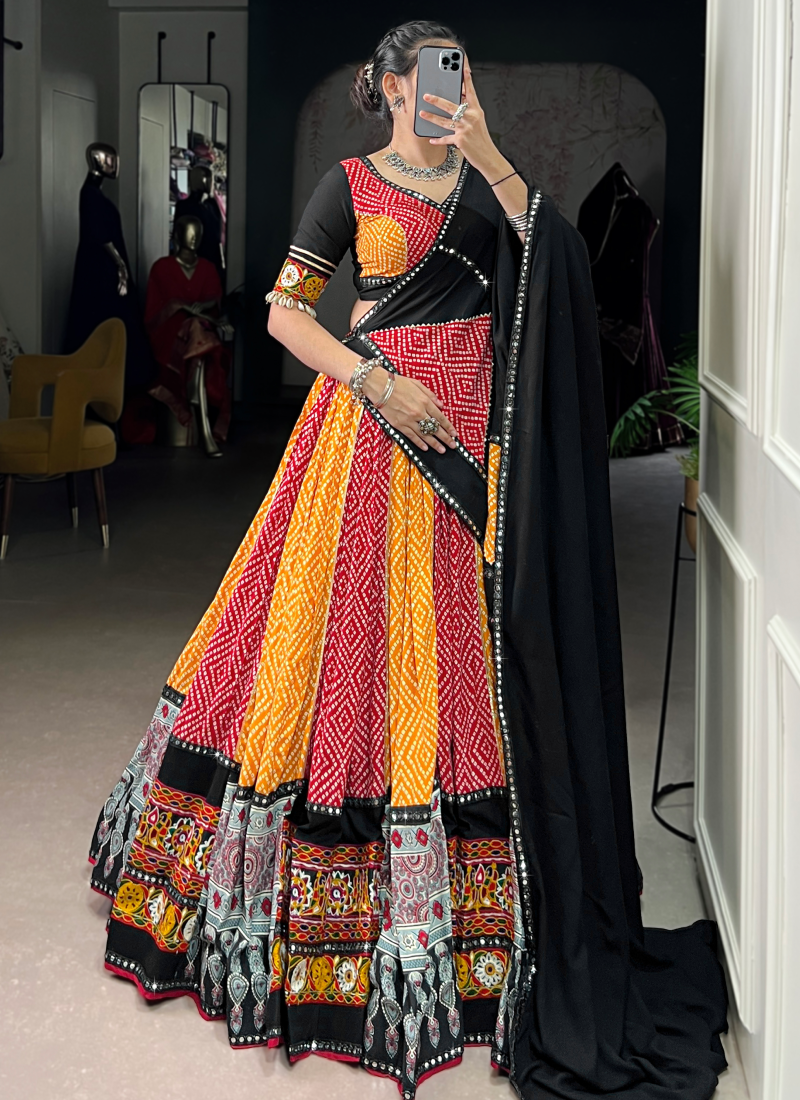 Multi Color Rayon Bandhani Print Gamthi Work Chaniya Choli For Navratri