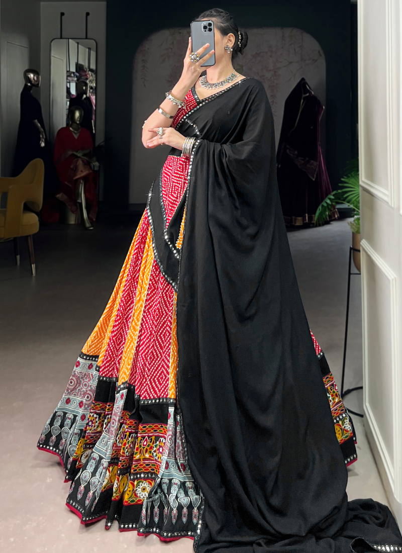Multi Color Rayon Bandhani Print Gamthi Work Chaniya Choli For Navratri