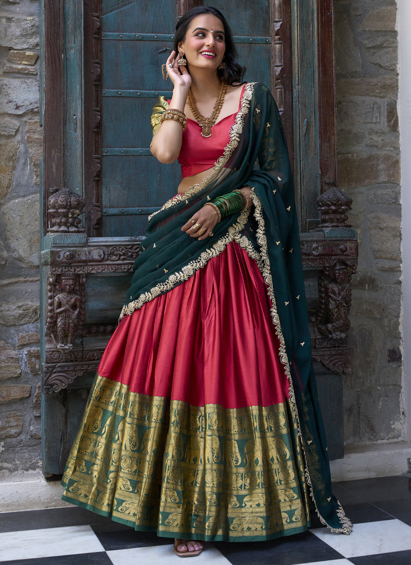 Narayan Pattu Zari Weaving Work Green And Red Half Saree Lehenga