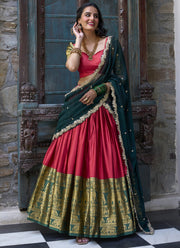 Narayan Pattu Zari Weaving Work Green And Red Half Saree Lehenga