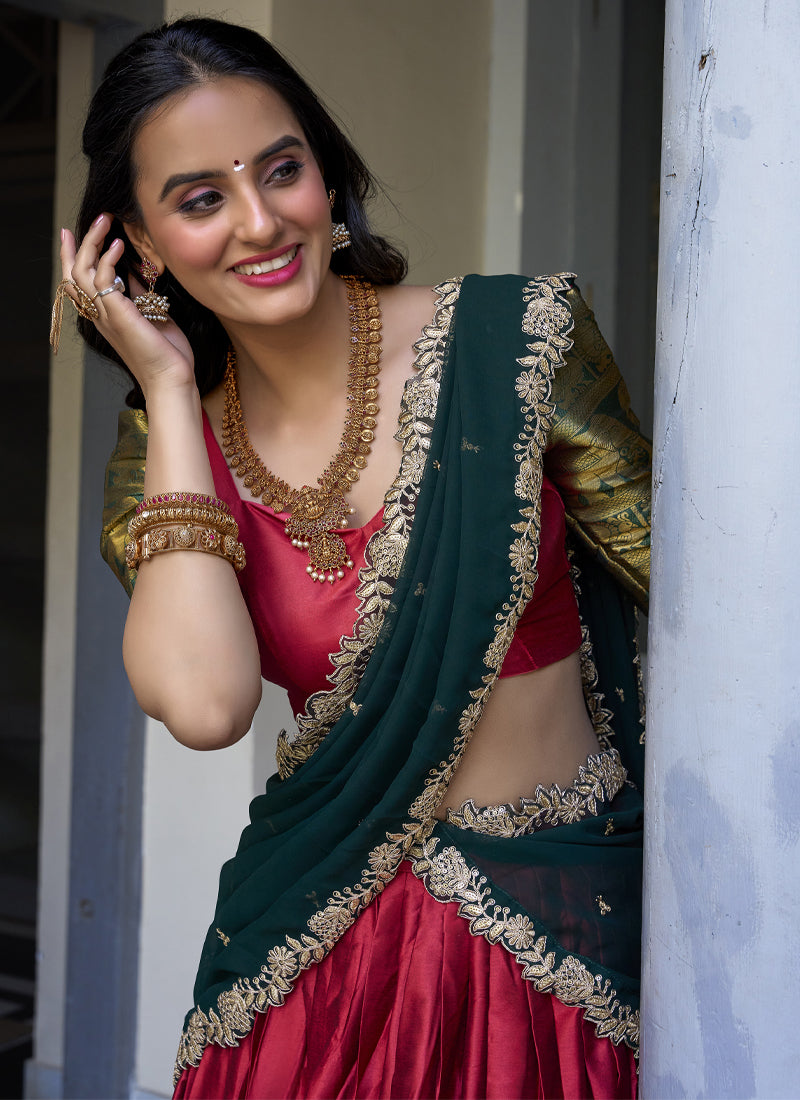Narayan Pattu Zari Weaving Work Green And Red Half Saree Lehenga