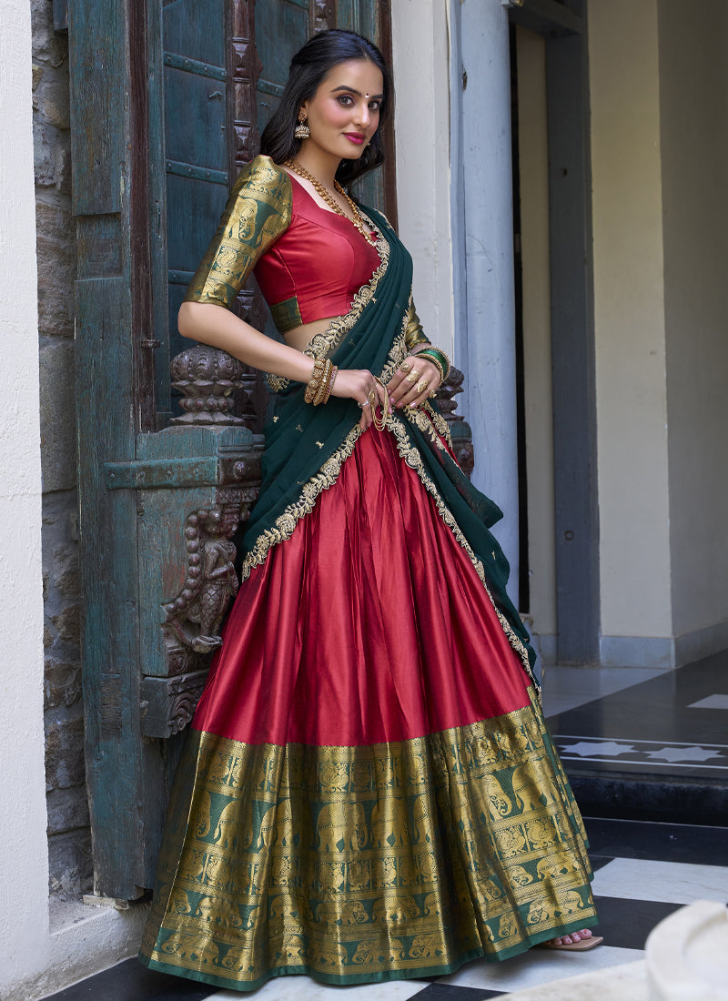 Narayan Pattu Zari Weaving Work Green And Red Half Saree Lehenga