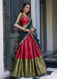 Narayan Pattu Zari Weaving Work Green And Red Half Saree Lehenga