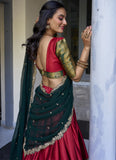 Narayan Pattu Zari Weaving Work Green And Red Half Saree Lehenga