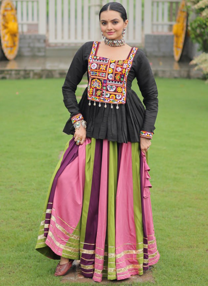 Navratri Special Multicolor Rayon Silk Gamthi Work Lehenga With Kediya