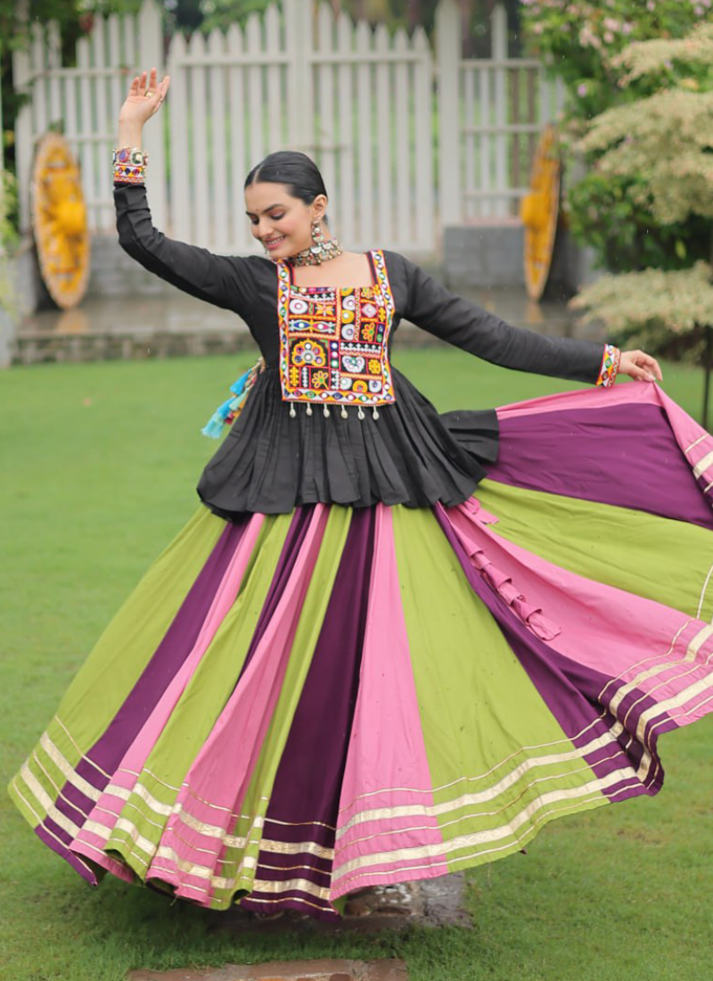 Navratri Special Multicolor Rayon Silk Gamthi Work Lehenga With Kediya