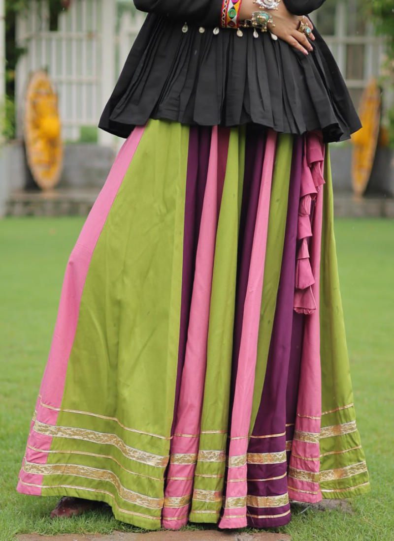 Navratri Special Multicolor Rayon Silk Gamthi Work Lehenga With Kediya