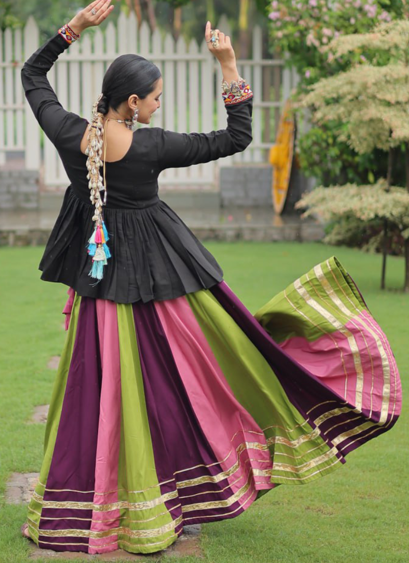 Navratri Special Multicolor Rayon Silk Gamthi Work Lehenga With Kediya