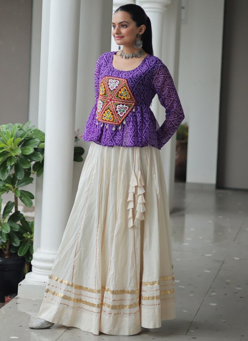 Navratri Wear Bandhani Print Gota Patti Work Cotton Beige Crop Top