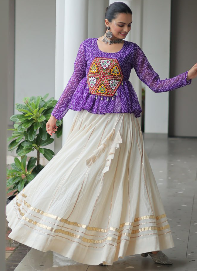 Navratri Wear Bandhani Print Gota Patti Work Cotton Beige Crop Top