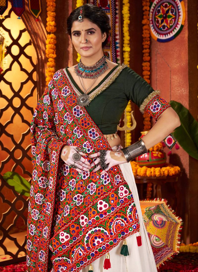 Navratri Wear Gota Patti Border Silk White Chaniya Choli With Dupatta