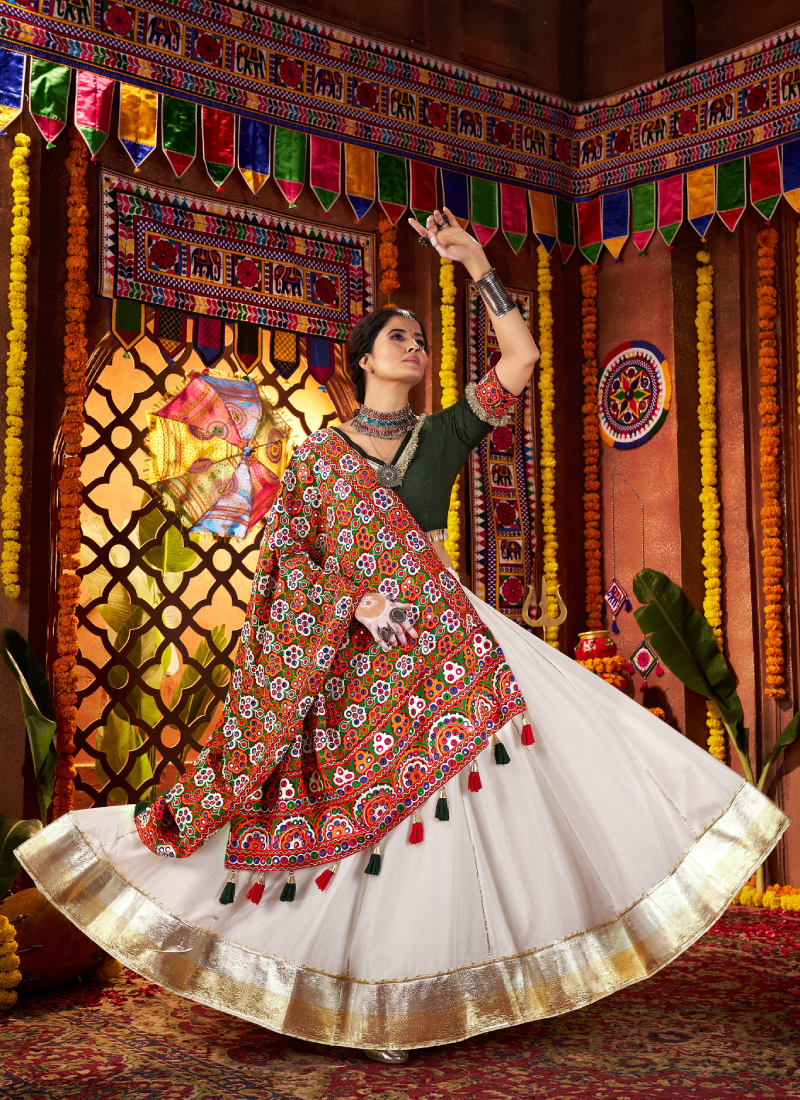 Navratri Wear Gota Patti Border Silk White Chaniya Choli With Dupatta