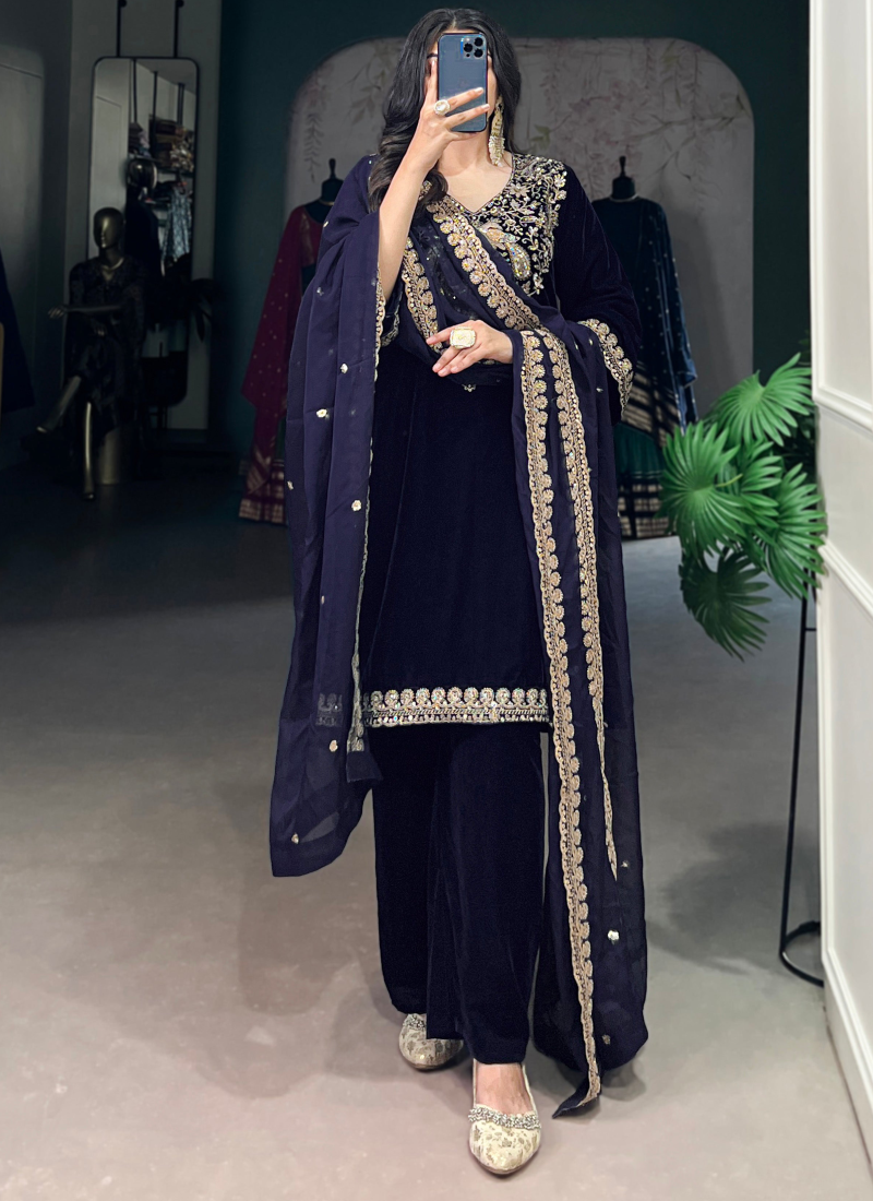Navy Blue Sequence Embroidery Velvet Ready To Wear Kurta Pant Dupatta
