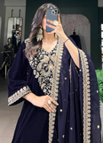Navy Blue Sequence Embroidery Velvet Ready To Wear Kurta Pant Dupatta