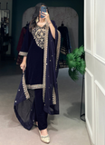 Navy Blue Sequence Embroidery Velvet Ready To Wear Kurta Pant Dupatta
