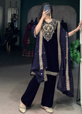 Navy Blue Sequence Embroidery Velvet Ready To Wear Kurta Pant Dupatta