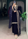 Navy Blue Sequence Embroidery Velvet Ready To Wear Kurta Pant Dupatta