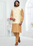 Off White Brocade Koti With Woven Art Silk Cream Kurta Set