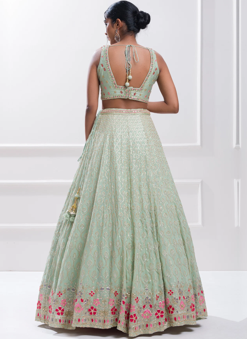 Pastel Green Thread Embroidery Georgette Designer Lehenga Choli