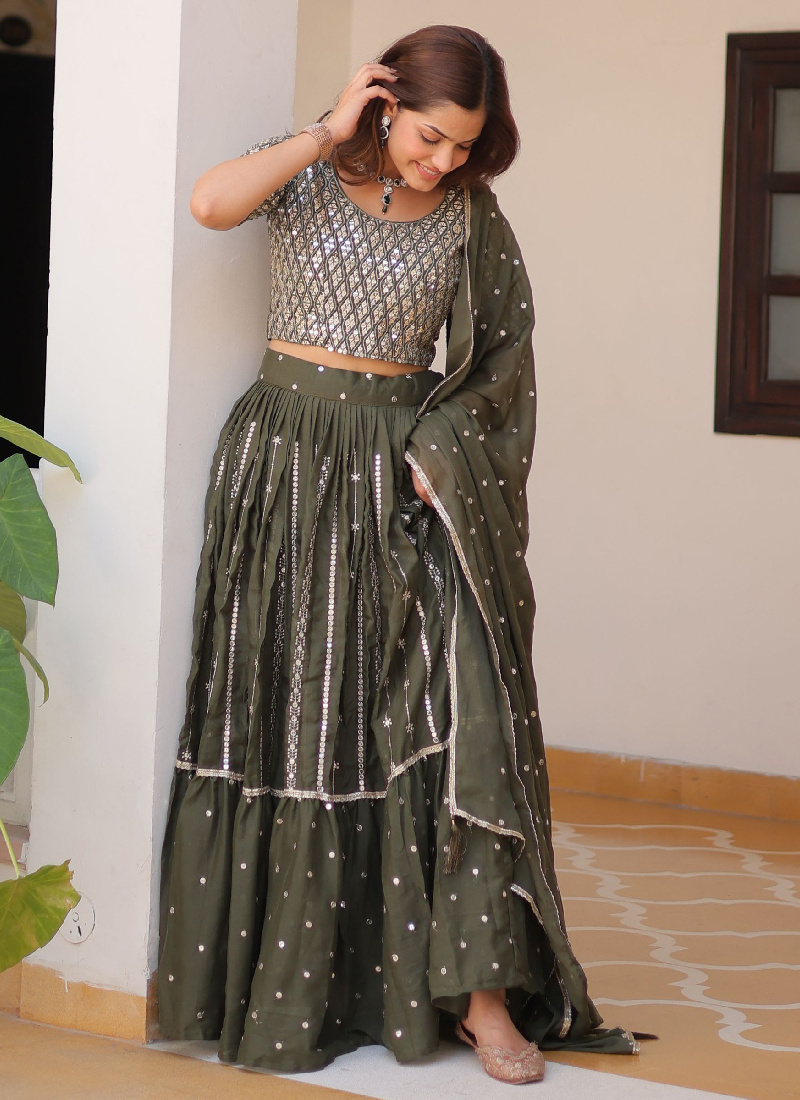 Perfect Mehendi Green Georgette Sequence Embroidered Lehenga Choli
