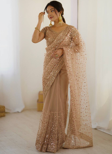 Perfect Sequence Embroidery Beige Party Wear Net Saree With Blouse