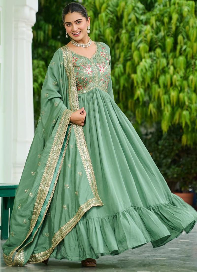 Pista Green Vichitra Silk Zari Embroidered Work Long Anarkali Gown tapee.in Pista Green Vichitra Silk Zari Embroidered Work Long Anarkali Gown tapee.in