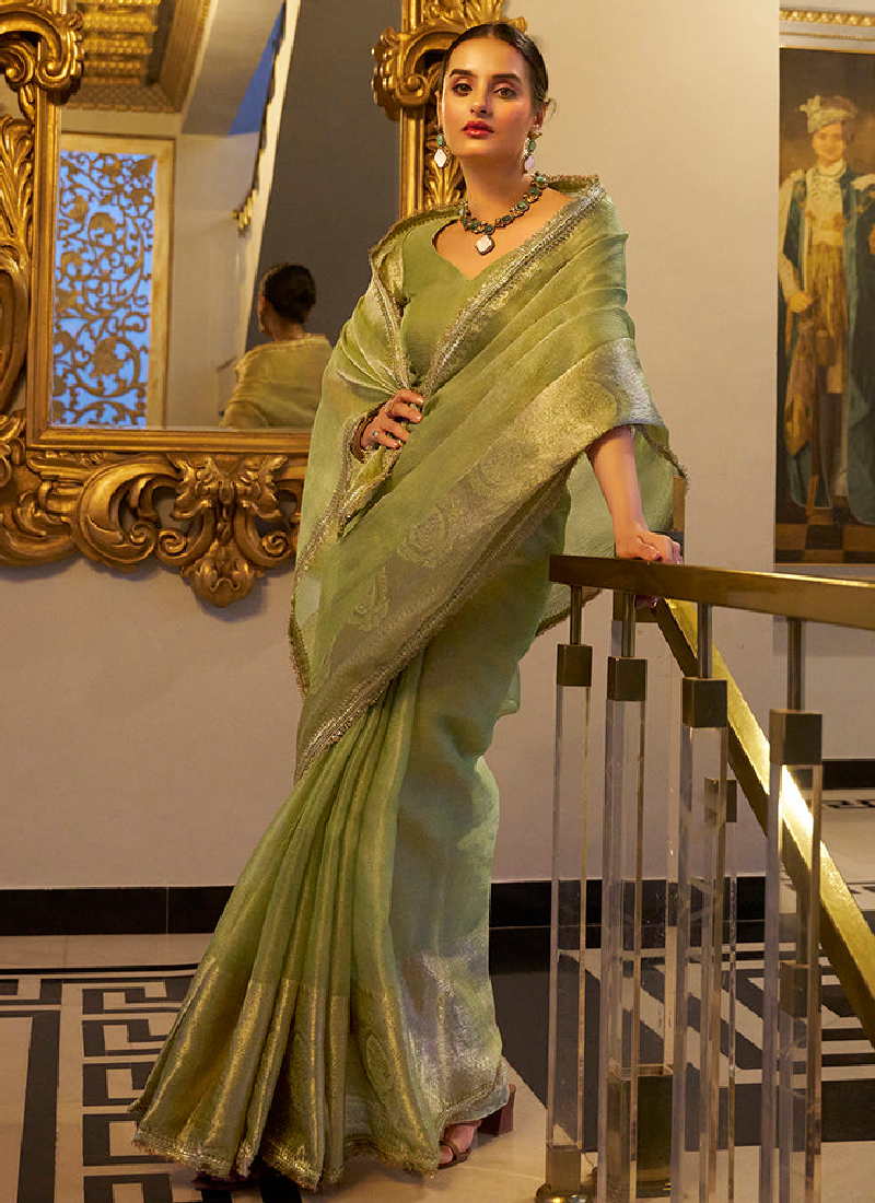 Pista Green Zari Weaving Tissue Silk Traditional Saree With Blouse