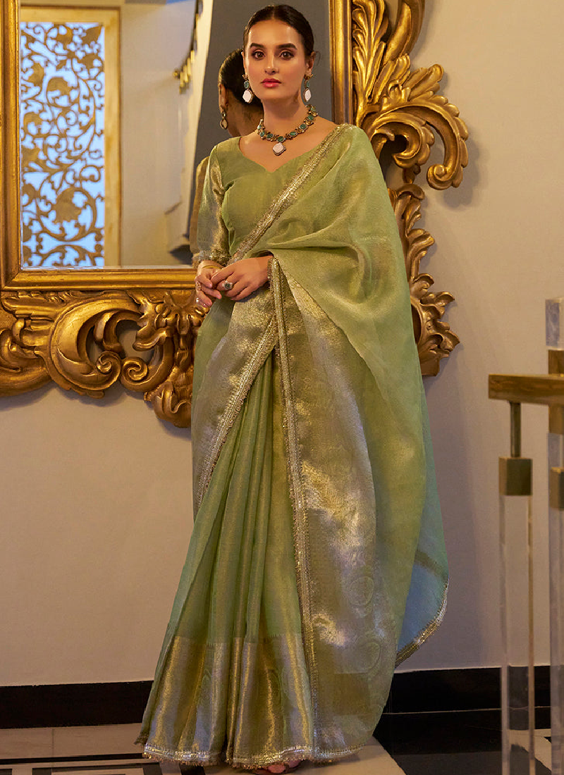 Pista Green Zari Weaving Tissue Silk Traditional Saree With Blouse