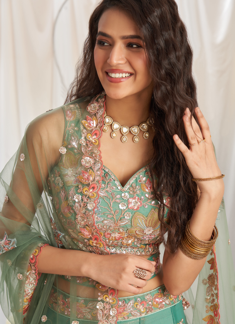 Mesmerizing Pista Green Organza Thread Embroidered Work Lehenga Choli