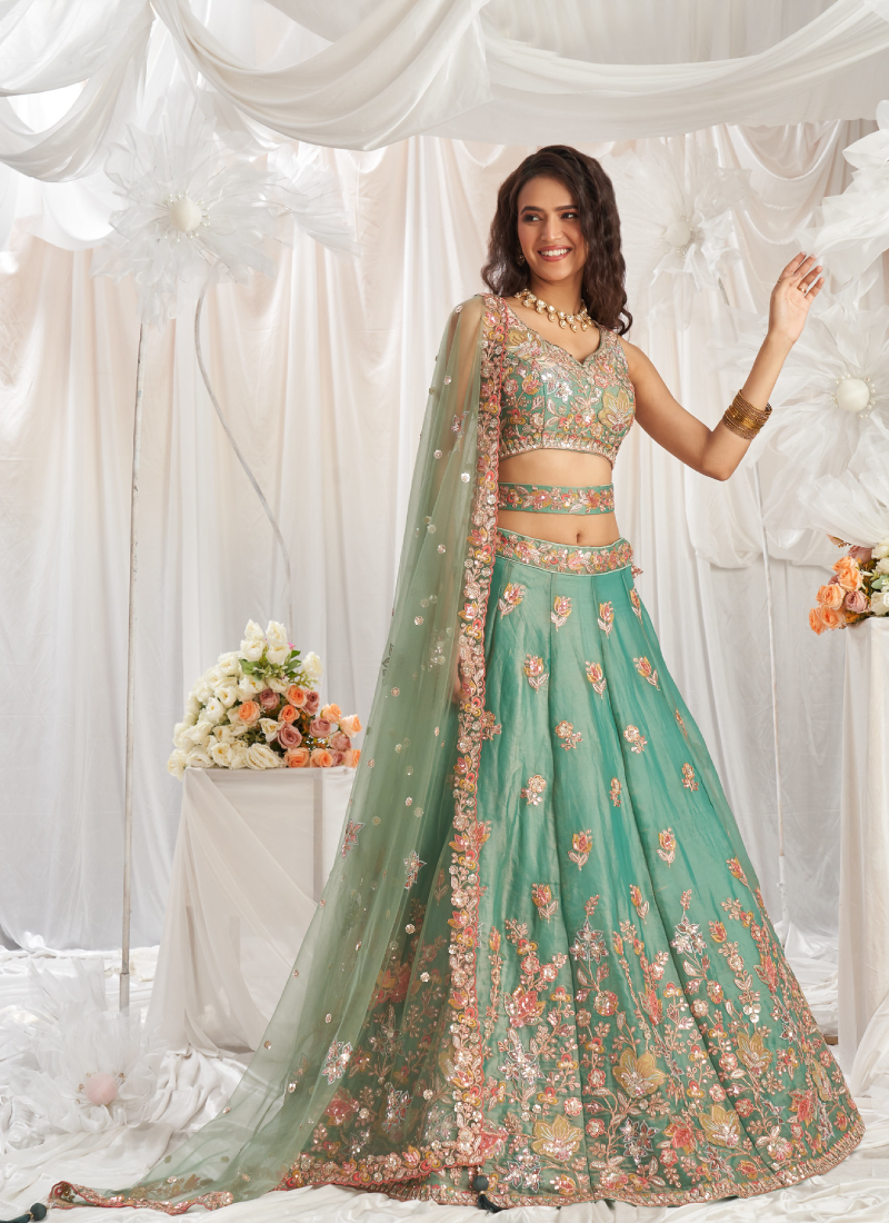 Mesmerizing Pista Green Organza Thread Embroidered Work Lehenga Choli