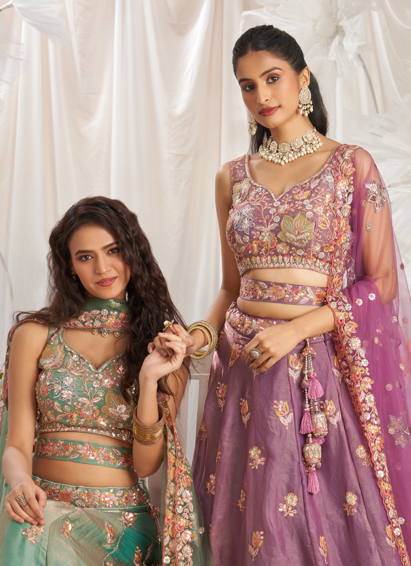 Mesmerizing Pista Green Organza Thread Embroidered Work Lehenga Choli