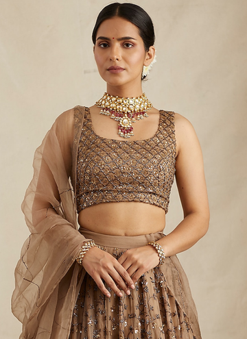 Pretty Soft Net Sequence Zari Embroidery Work Brown Lehenga