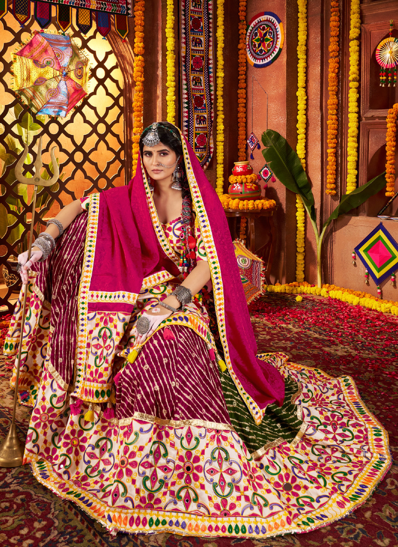 Real Mirror Gamthi Work Viscose Cotton Multi Color Navratri Ghagra Choli